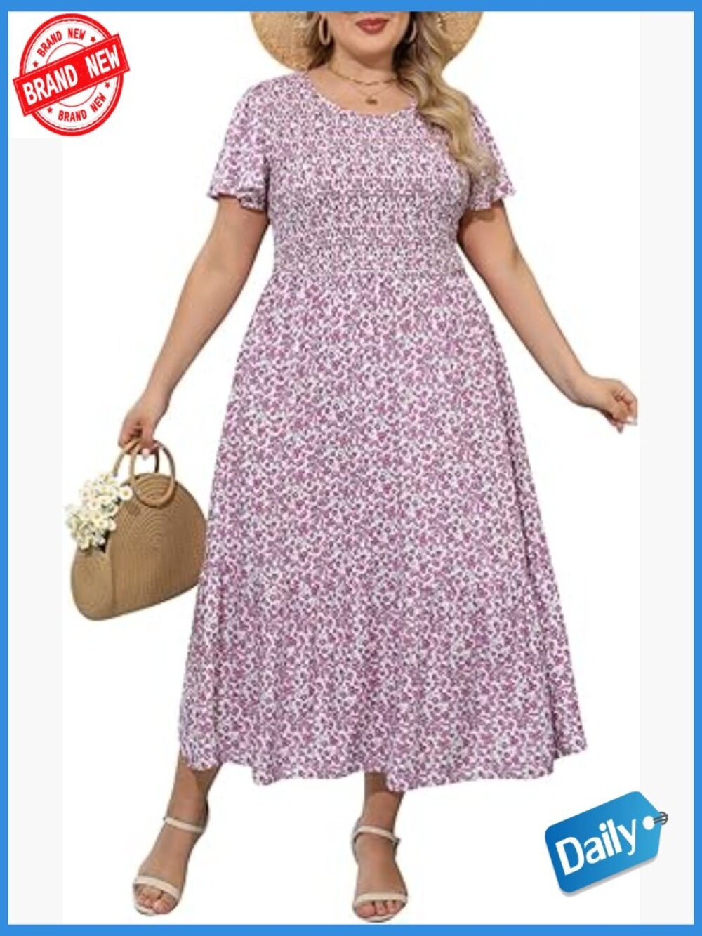 Plus Size Maxi Dress Ruffle Sleeve Floral Print Long Dress with Pockets